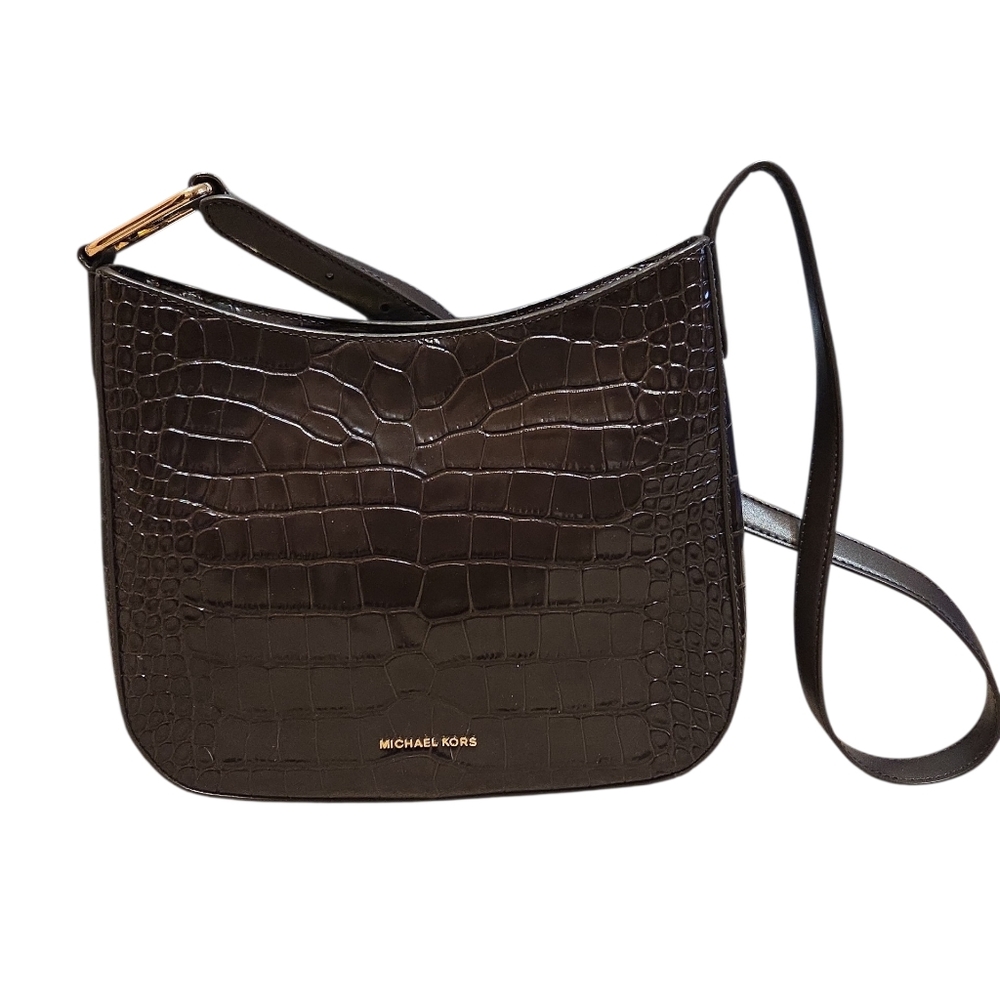 Michael Kors Dark Brown Crocodile-Embossed Shoulder Bag EUC Designer Luxury - Picture 1 of 16